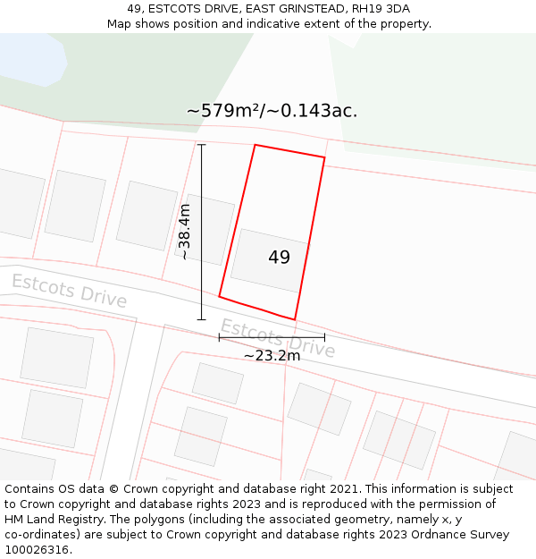 49, ESTCOTS DRIVE, EAST GRINSTEAD, RH19 3DA: Plot and title map