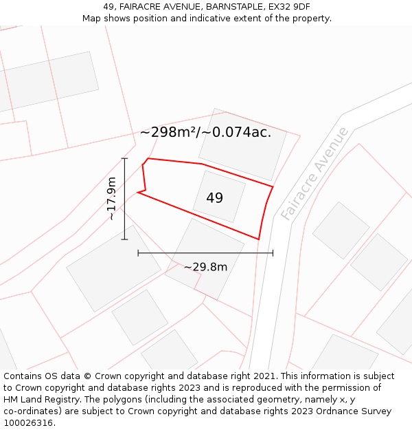 49, FAIRACRE AVENUE, BARNSTAPLE, EX32 9DF: Plot and title map