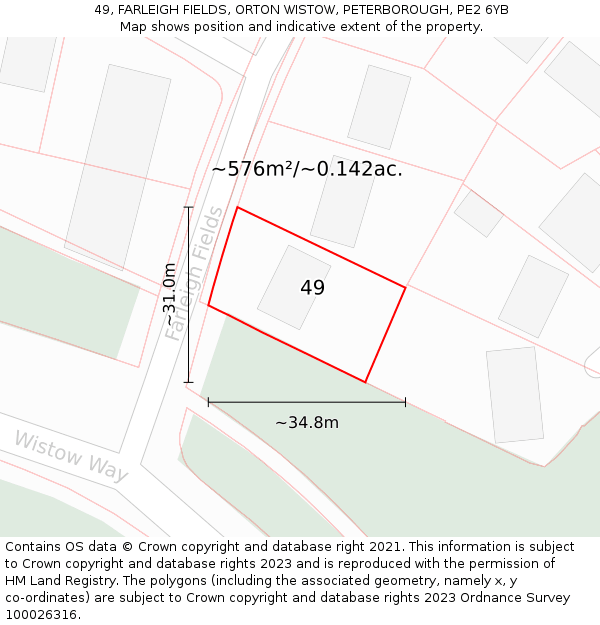 49, FARLEIGH FIELDS, ORTON WISTOW, PETERBOROUGH, PE2 6YB: Plot and title map
