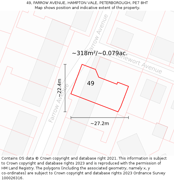 49, FARROW AVENUE, HAMPTON VALE, PETERBOROUGH, PE7 8HT: Plot and title map