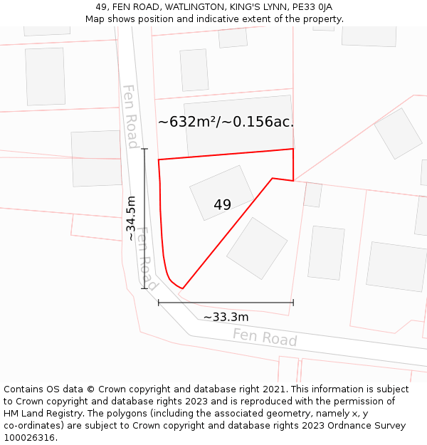 49, FEN ROAD, WATLINGTON, KING'S LYNN, PE33 0JA: Plot and title map