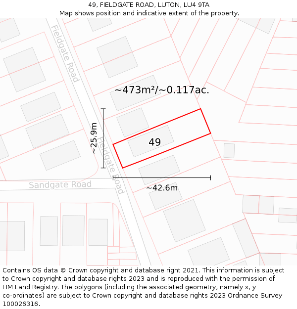 49, FIELDGATE ROAD, LUTON, LU4 9TA: Plot and title map