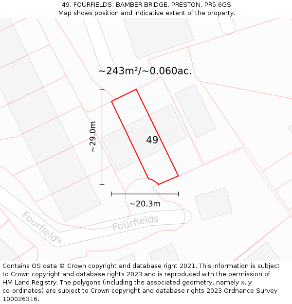 49, FOURFIELDS, BAMBER BRIDGE, PRESTON, PR5 6GS: Plot and title map