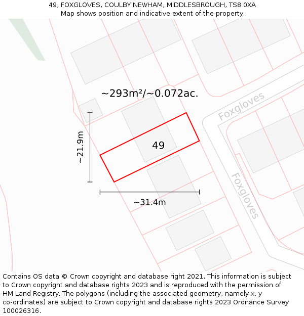 49, FOXGLOVES, COULBY NEWHAM, MIDDLESBROUGH, TS8 0XA: Plot and title map