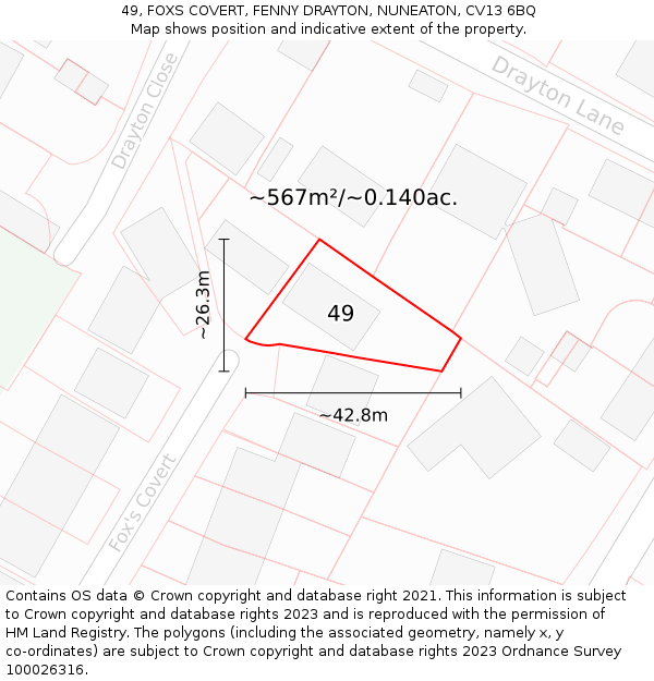 49, FOXS COVERT, FENNY DRAYTON, NUNEATON, CV13 6BQ: Plot and title map