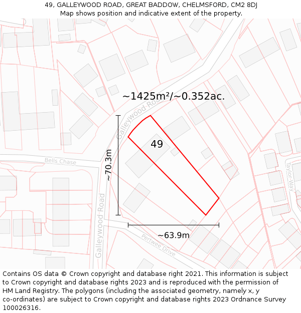 49, GALLEYWOOD ROAD, GREAT BADDOW, CHELMSFORD, CM2 8DJ: Plot and title map