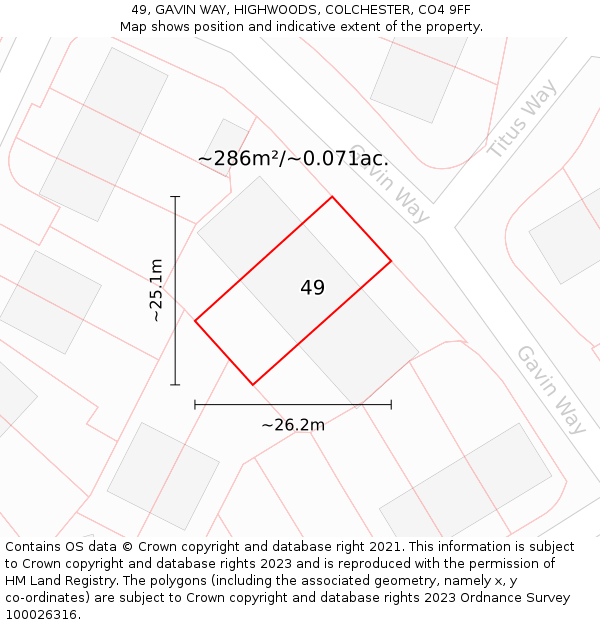 49, GAVIN WAY, HIGHWOODS, COLCHESTER, CO4 9FF: Plot and title map