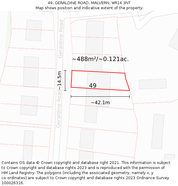 49, GERALDINE ROAD, MALVERN, WR14 3NT: Plot and title map
