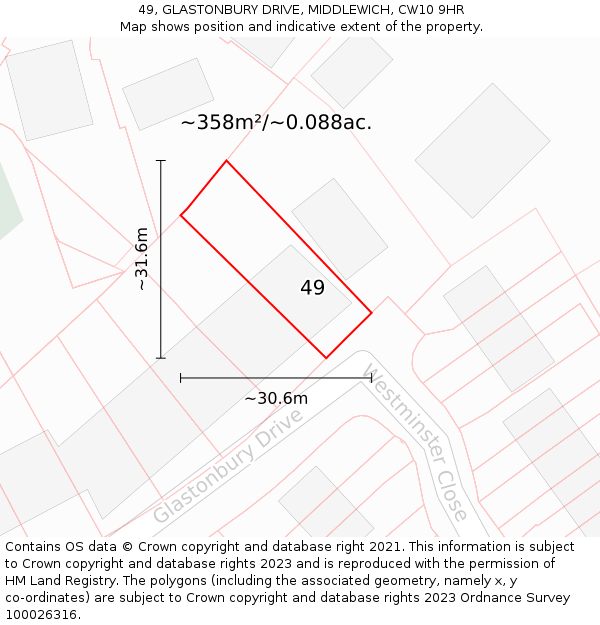 49, GLASTONBURY DRIVE, MIDDLEWICH, CW10 9HR: Plot and title map