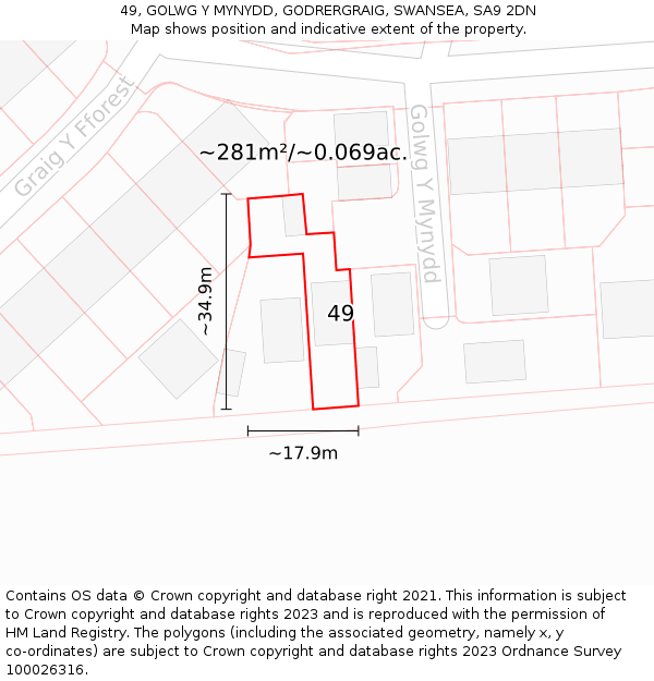 49, GOLWG Y MYNYDD, GODRERGRAIG, SWANSEA, SA9 2DN: Plot and title map