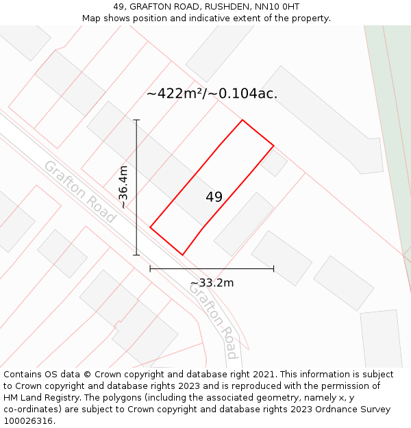 49, GRAFTON ROAD, RUSHDEN, NN10 0HT: Plot and title map