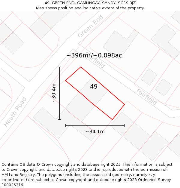 49, GREEN END, GAMLINGAY, SANDY, SG19 3JZ: Plot and title map