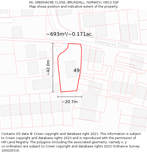 49, GREENACRE CLOSE, BRUNDALL, NORWICH, NR13 5QF: Plot and title map
