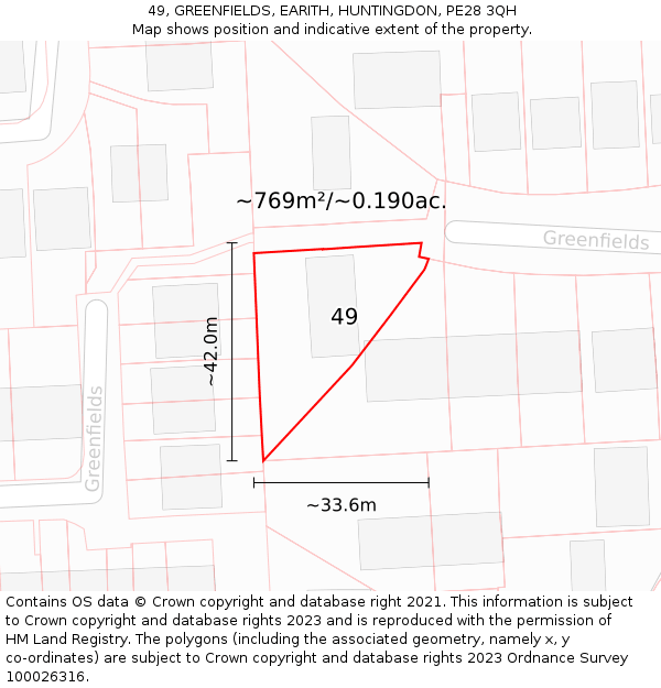 49, GREENFIELDS, EARITH, HUNTINGDON, PE28 3QH: Plot and title map