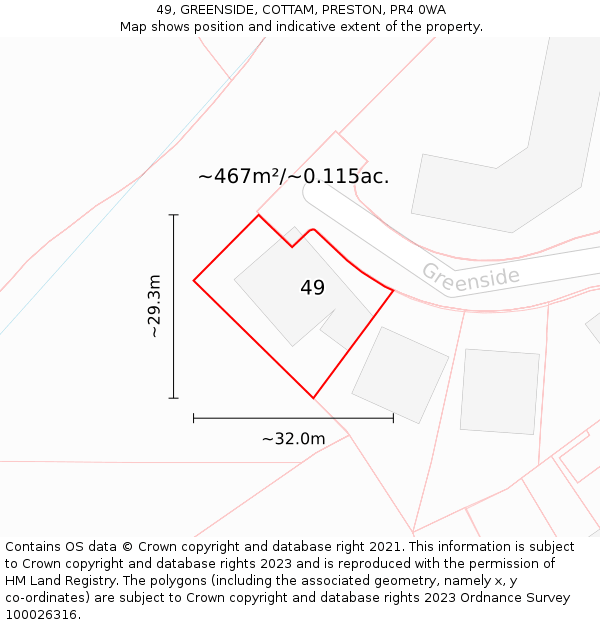 49, GREENSIDE, COTTAM, PRESTON, PR4 0WA: Plot and title map