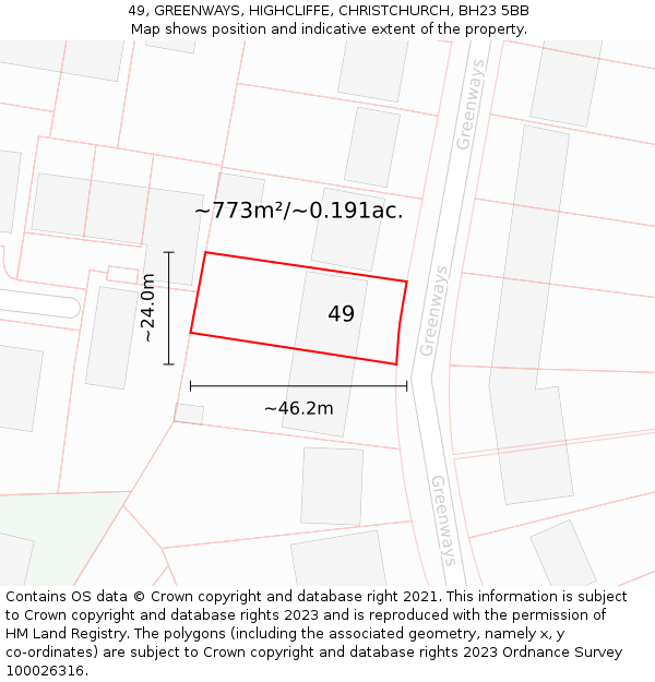 49, GREENWAYS, HIGHCLIFFE, CHRISTCHURCH, BH23 5BB: Plot and title map