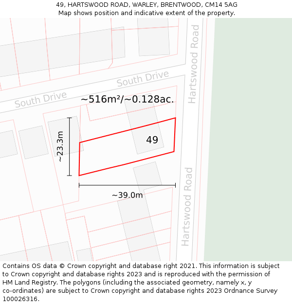 49, HARTSWOOD ROAD, WARLEY, BRENTWOOD, CM14 5AG: Plot and title map