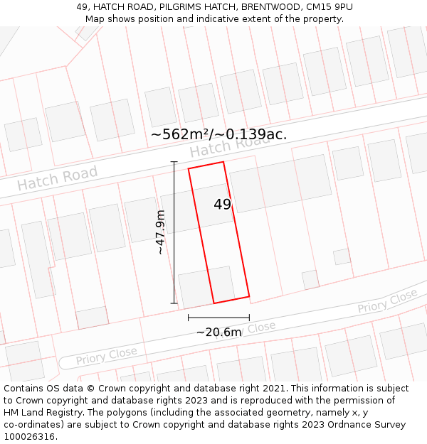 49, HATCH ROAD, PILGRIMS HATCH, BRENTWOOD, CM15 9PU: Plot and title map