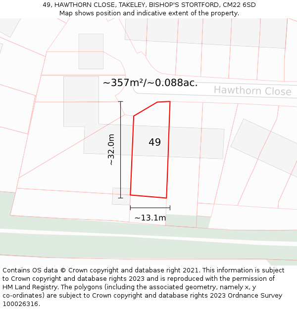 49, HAWTHORN CLOSE, TAKELEY, BISHOP'S STORTFORD, CM22 6SD: Plot and title map