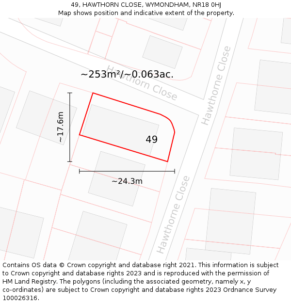 49, HAWTHORN CLOSE, WYMONDHAM, NR18 0HJ: Plot and title map