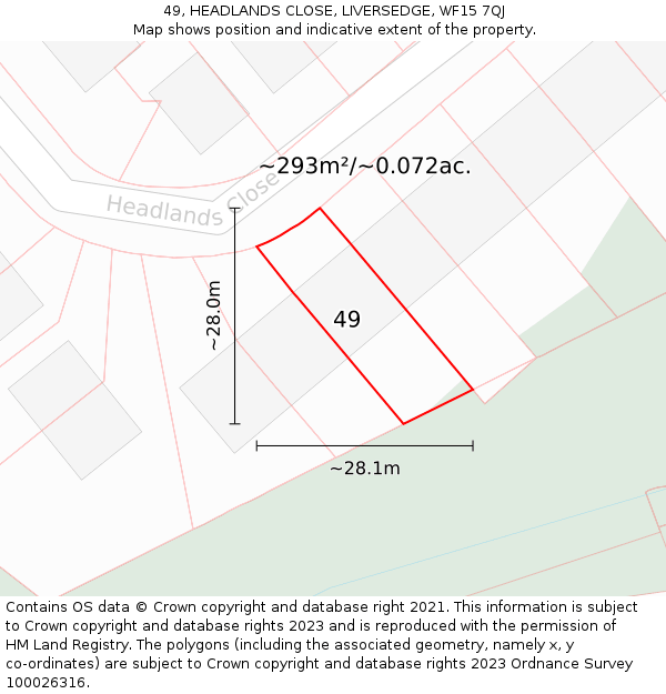49, HEADLANDS CLOSE, LIVERSEDGE, WF15 7QJ: Plot and title map