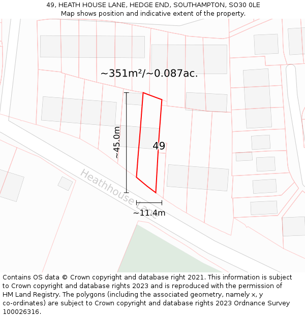 49, HEATH HOUSE LANE, HEDGE END, SOUTHAMPTON, SO30 0LE: Plot and title map