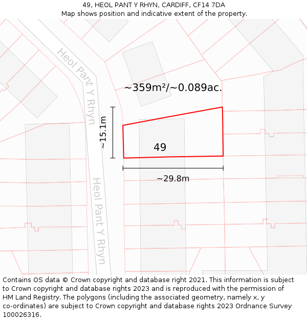 49, HEOL PANT Y RHYN, CARDIFF, CF14 7DA: Plot and title map