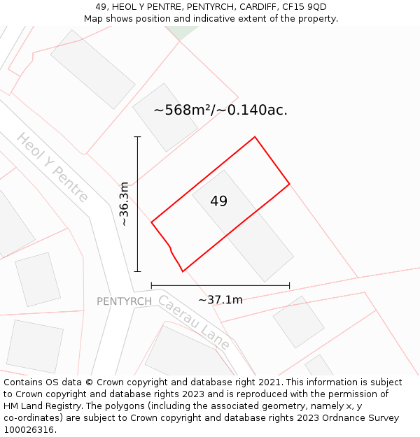 49, HEOL Y PENTRE, PENTYRCH, CARDIFF, CF15 9QD: Plot and title map