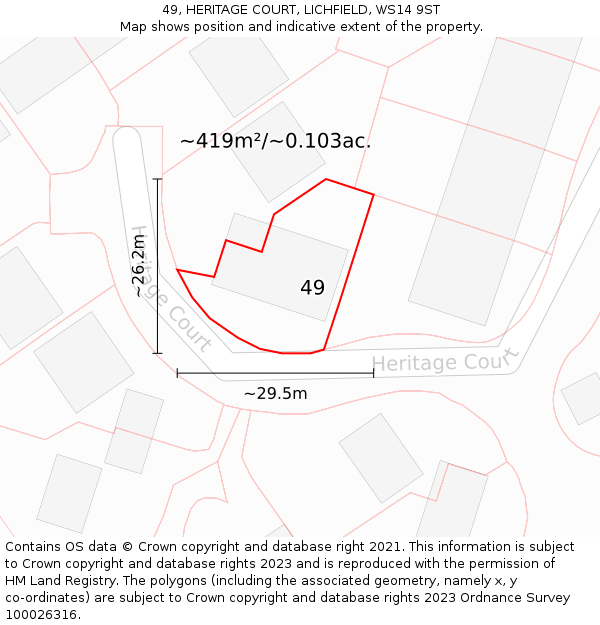 49, HERITAGE COURT, LICHFIELD, WS14 9ST: Plot and title map