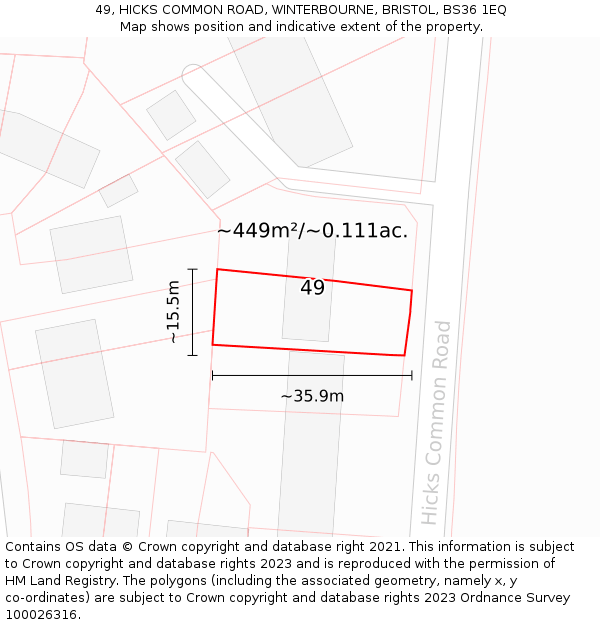 49, HICKS COMMON ROAD, WINTERBOURNE, BRISTOL, BS36 1EQ: Plot and title map