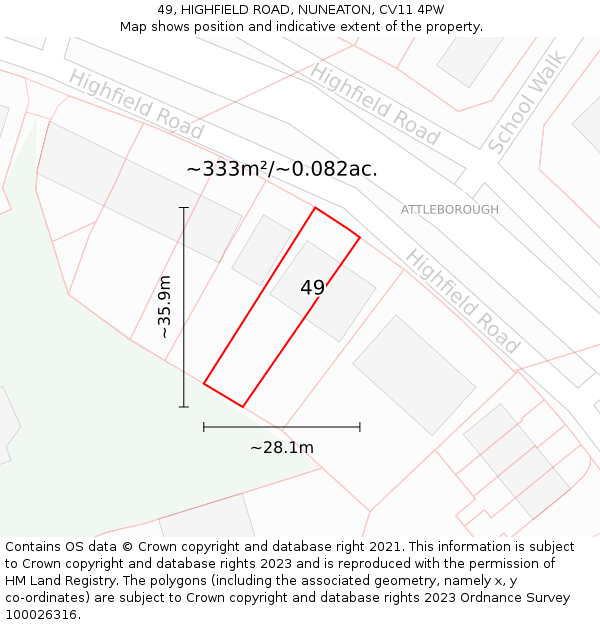 49, HIGHFIELD ROAD, NUNEATON, CV11 4PW: Plot and title map