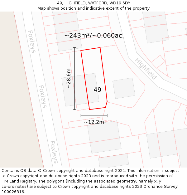 49, HIGHFIELD, WATFORD, WD19 5DY: Plot and title map