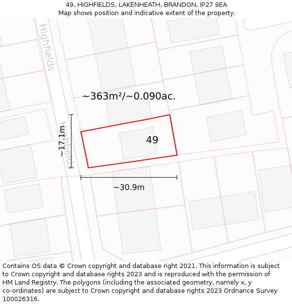 49, HIGHFIELDS, LAKENHEATH, BRANDON, IP27 9EA: Plot and title map