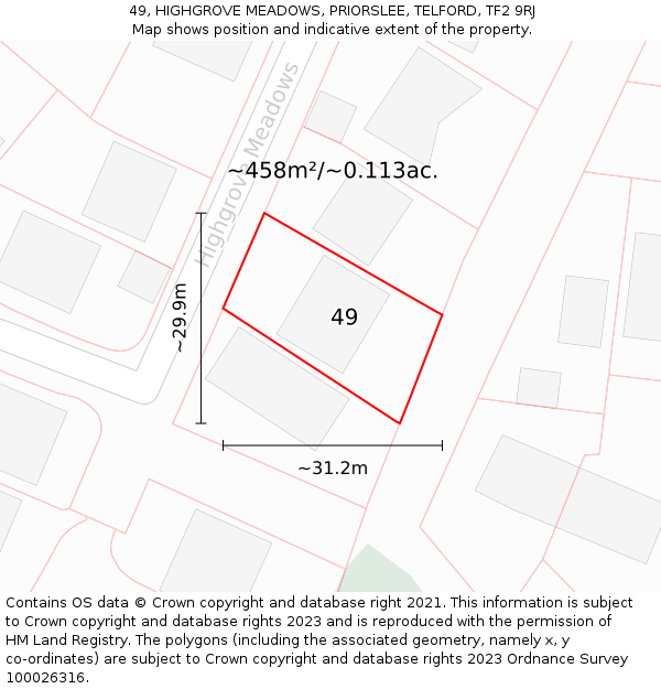 49, HIGHGROVE MEADOWS, PRIORSLEE, TELFORD, TF2 9RJ: Plot and title map