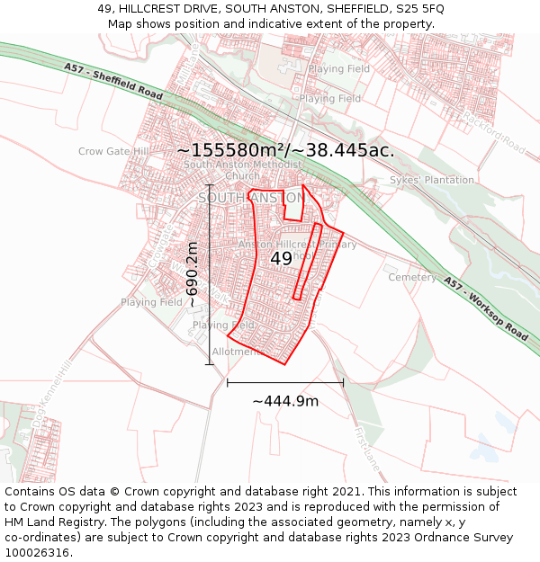 49, HILLCREST DRIVE, SOUTH ANSTON, SHEFFIELD, S25 5FQ: Plot and title map
