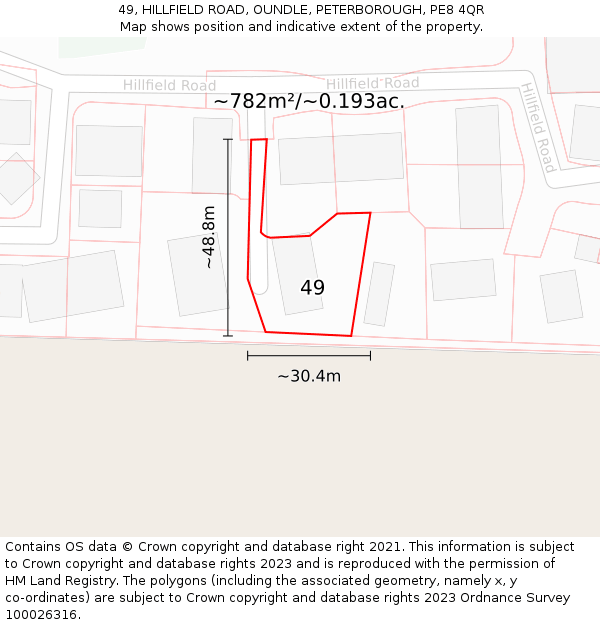 49, HILLFIELD ROAD, OUNDLE, PETERBOROUGH, PE8 4QR: Plot and title map