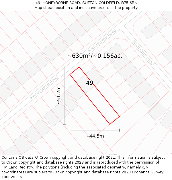 49, HONEYBORNE ROAD, SUTTON COLDFIELD, B75 6BN: Plot and title map
