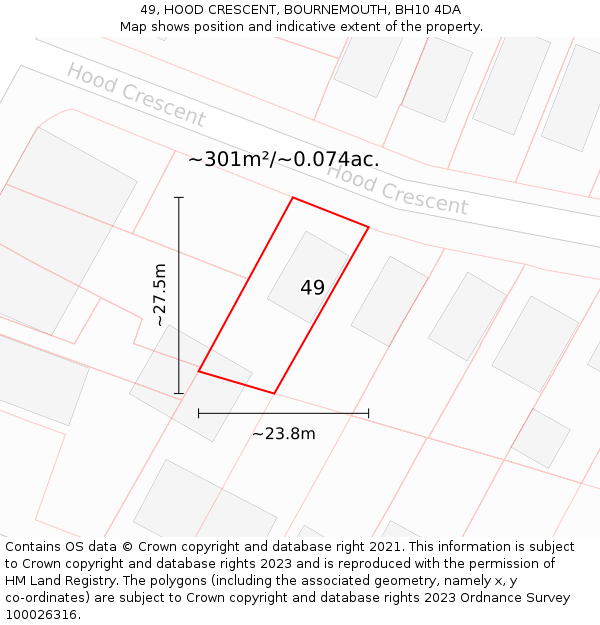 49, HOOD CRESCENT, BOURNEMOUTH, BH10 4DA: Plot and title map