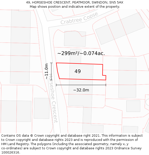 49, HORSESHOE CRESCENT, PEATMOOR, SWINDON, SN5 5AX: Plot and title map
