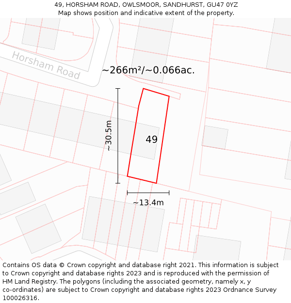 49, HORSHAM ROAD, OWLSMOOR, SANDHURST, GU47 0YZ: Plot and title map