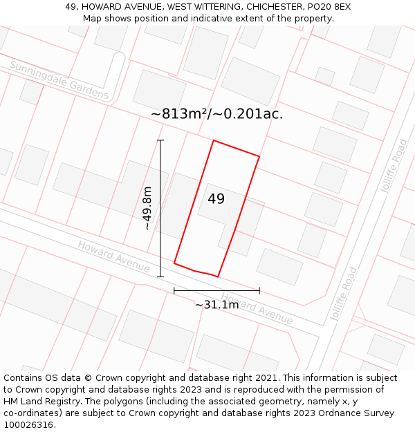 49, HOWARD AVENUE, WEST WITTERING, CHICHESTER, PO20 8EX: Plot and title map
