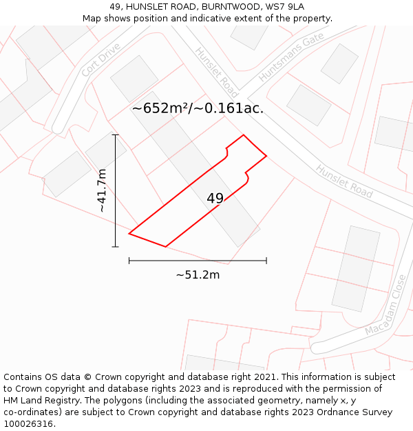 49, HUNSLET ROAD, BURNTWOOD, WS7 9LA: Plot and title map