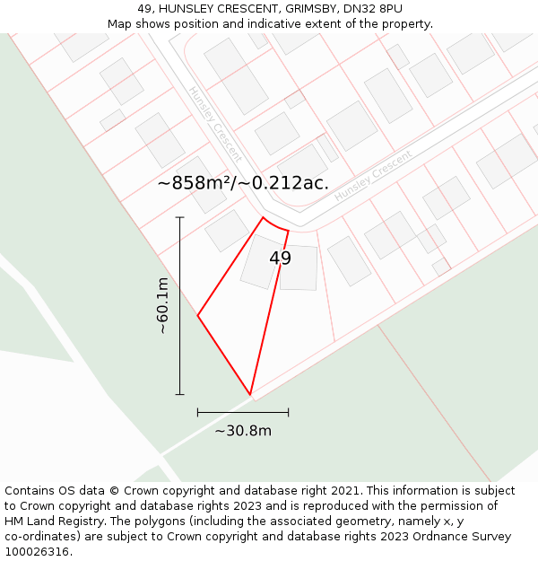 49, HUNSLEY CRESCENT, GRIMSBY, DN32 8PU: Plot and title map
