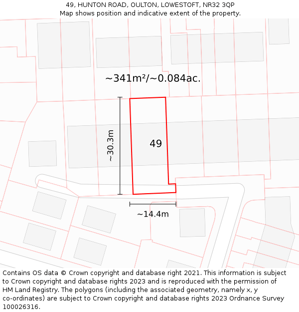 49, HUNTON ROAD, OULTON, LOWESTOFT, NR32 3QP: Plot and title map