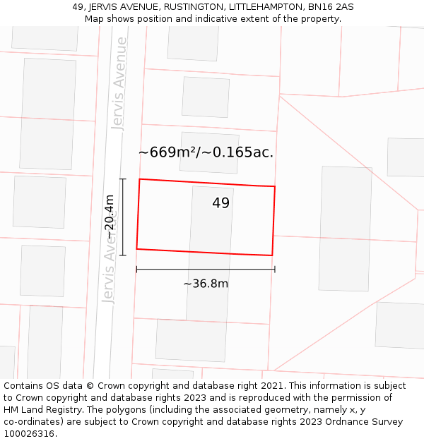 49, JERVIS AVENUE, RUSTINGTON, LITTLEHAMPTON, BN16 2AS: Plot and title map