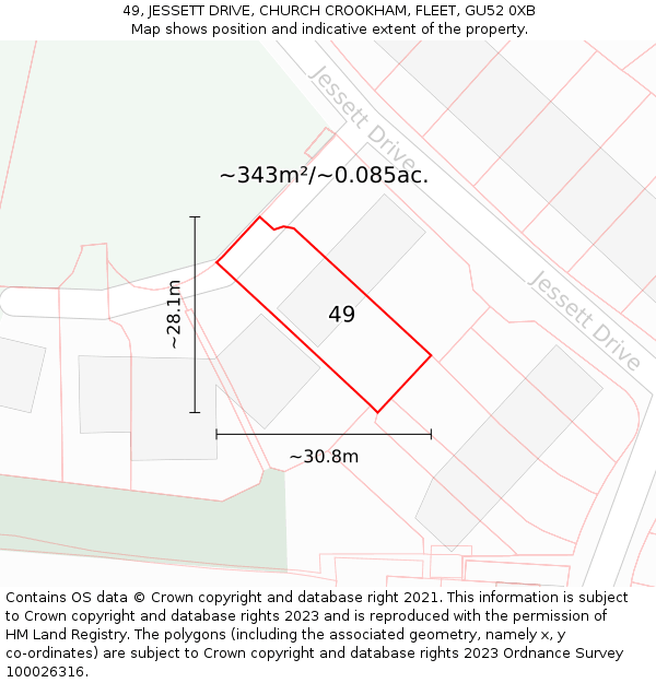 49, JESSETT DRIVE, CHURCH CROOKHAM, FLEET, GU52 0XB: Plot and title map