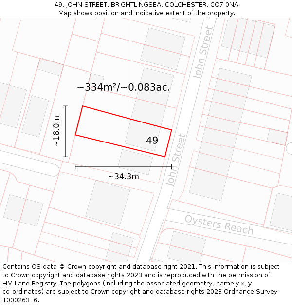 49, JOHN STREET, BRIGHTLINGSEA, COLCHESTER, CO7 0NA: Plot and title map