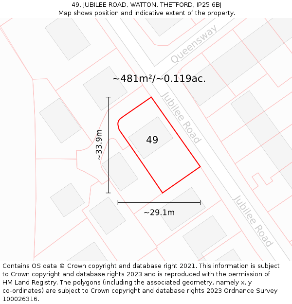 49, JUBILEE ROAD, WATTON, THETFORD, IP25 6BJ: Plot and title map