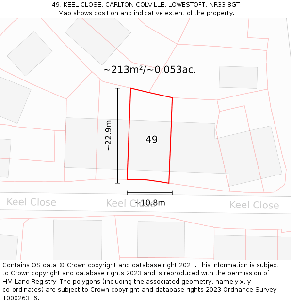 49, KEEL CLOSE, CARLTON COLVILLE, LOWESTOFT, NR33 8GT: Plot and title map
