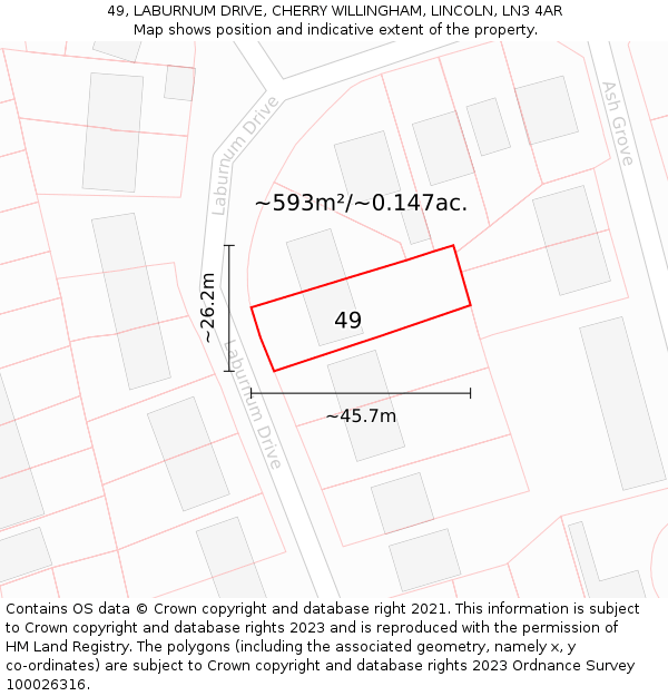 49, LABURNUM DRIVE, CHERRY WILLINGHAM, LINCOLN, LN3 4AR: Plot and title map